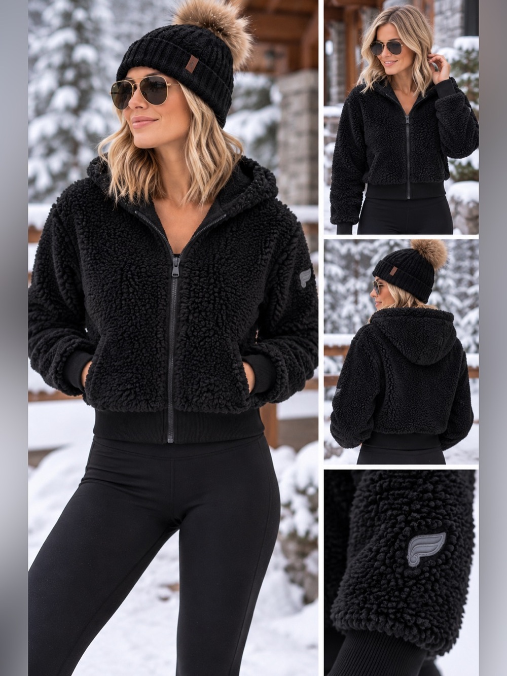 Fabletics Teddy Sherpa Bomber Jacket S Black Hooded Plush Cozy